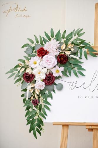 Faux Flower Swag Set of 2 for Wedding Welcome Signs Floral Swag Wedding Reception Ceremony Signs Decor (A-Burgundy Pink) - Image 5