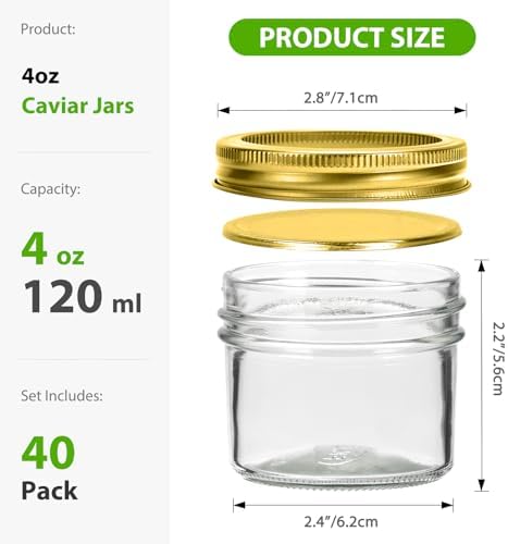 40 Pack 4 oz Mason Jars with Golden Lids and Bands - Image 2
