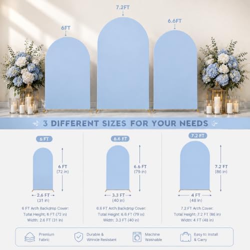 Baby Blue Arch Cover 7.2ft 6.6ft 6ft Spandex Arch Backdrop Cover Set of 3 Blue Arch Covers Stretchy Backdrop Bridal Baby Shower Boy Birthday Party Wedding Balloon Arch Backdrop Stand Cover - Image 6