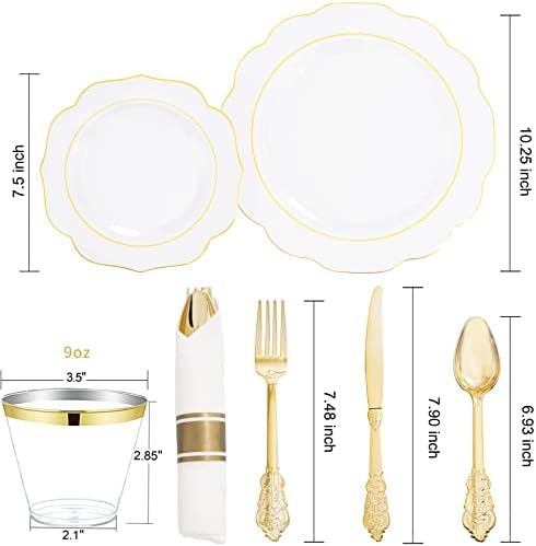 NOCCUR 50Guest Gold Rim Clear Plastic Plates&Disposable Silverware Cups-Include 100Plastic Plates, 150Gold Utensils, 50Cups and 50Napkins-Idea for Wedding/Party - Image 3