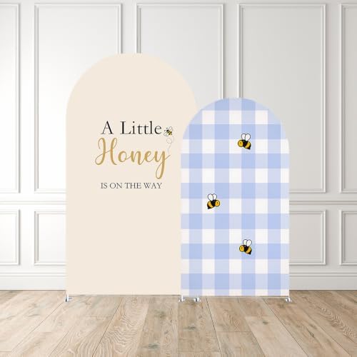 Set of 2 Little Honey Arch Backdrop Cover 2PCS Honey Bee Baby Shower Spandex Arch Covers Blue Gingham Gender Reveal Birthday Party Decoration (Cream Beige,7.2FT & 6FT) - Image 2