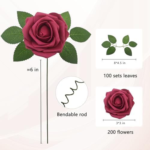 Artificial Flowers Realistic Roses, Real Looking Fake Roses with Stem for DIY Wedding Bouquets Centerpieces Bridal Shower Party Home Romantic Decorations (Wine Red, Regular 3" - 200pcs) - Image 2