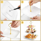 SOUJOY Ceramic Cupcake Stand Set of 2, White Embossed Cupcake Display Holders with Gold Rod, 3 Tier and 2 Tier Square Porcelain Dessert Stands for Birthday Tea Party Wedding Baby Shower - Image 3