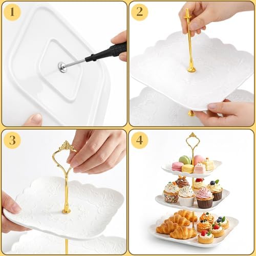 SOUJOY Ceramic Cupcake Stand Set of 2, White Embossed Cupcake Display Holders with Gold Rod, 3 Tier and 2 Tier Square Porcelain Dessert Stands for Birthday Tea Party Wedding Baby Shower - Image 3