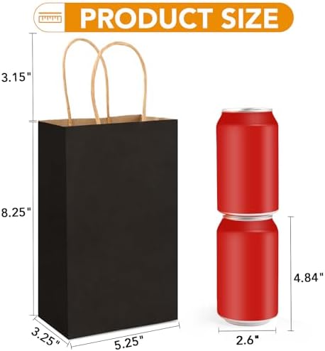 XPCARE Black Paper Bags with Handles, 200Pcs 5.25x3.25x8.25'' Kraft Bags - Image 2
