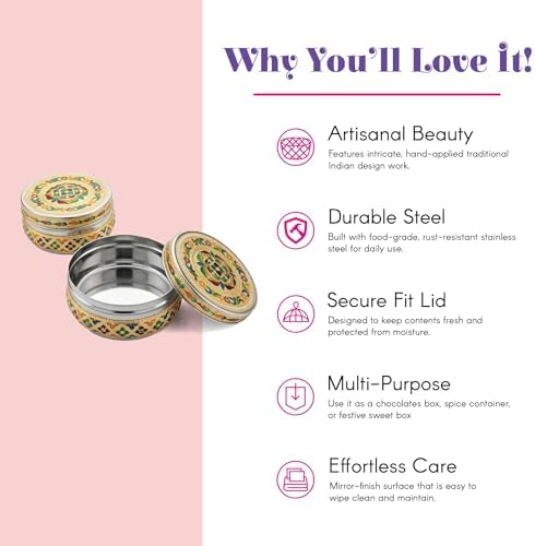 LOVENSPIRE Meenakari Stainless Steel Storage Box with Lid (500gm) Decorative Round Indian Food Container for Sweets, Kitchen Items & Return Gift Favors Pack of 4 - Image 2