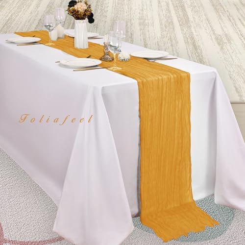 12 Pack Mustard 10FT Cheesecloth Table Runner Rustic Gauze Fabric Cheese Cloth Table Runner for Wedding Bridal Baby Shower Table Decor Boho Sheer Birthday Party Table Decorations 20 x 120 Inch Long - Image 4