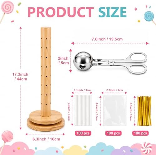 2Pack Wooden Cake Pop Stand Kit with 360° Spinning Base, 49Hole Lollipop Holder with Cake Ball Scoop, 100 Paper Sticks, 100 Clear Treat Bags and 100 Twist Ties, Easy Twist Assembly for Parties - Image 2