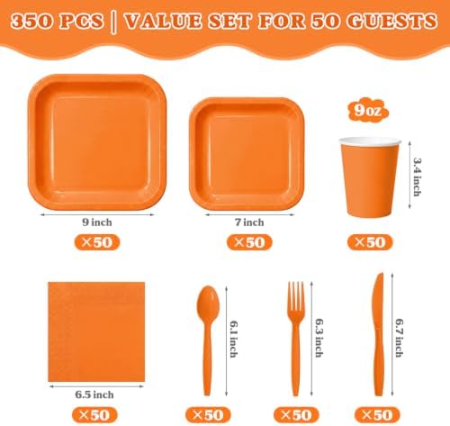 Vyntra 350 Pcs Orange Square Paper Plates and Napkins Set, Serves 50 - Image 2