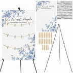 Pinkunn Blue Floral Wedding Seating Chart Board with Easel Display Stand 15.8 x 23.6 Inch Wooden Rustic Chinoiserie Seating Chart Please Find Your Seat Sign for Baby & Bride Shower Wedding Sign Decor by Pinkunn