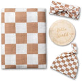 Miaoberry 100% Organic Muslin Swaddle Set| Checkered in Coffee Latte 47 * 47 with Hat,Bow and Arrival Card by MiaoberryBaby