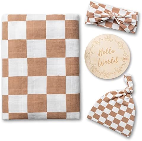 Miaoberry 100% Organic Muslin Swaddle Set| Checkered in Coffee Latte 47 * 47 with Hat,Bow and Arrival Card by MiaoberryBaby