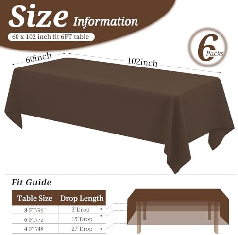 YMHPRIDE 6 Pack Brown Tablecloth 60 x102 inch Polyester Table Cloth for 6 Foot Rectangle Tables, Stain and Wrinkle Resistant Washable Fabric Polyester Table Covers for Wedding Party Banquet - Image 2