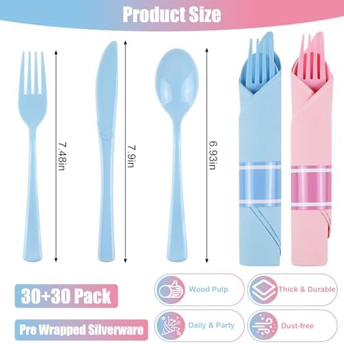 60Pack Pre Rolled Gender Reveal Cutlery Set with Napkins, Pink & Blue Disposable Plastic Silverware for Baby Shower, Birthday Party, Boy or Girl Reveal Party, Pre Wrapped Utensils Tableware - Image 3