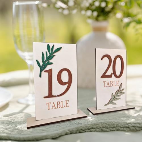 Wedding Table Numbers 1-20, Green Leaf Wooden Table Number Signs with Base - Image 4