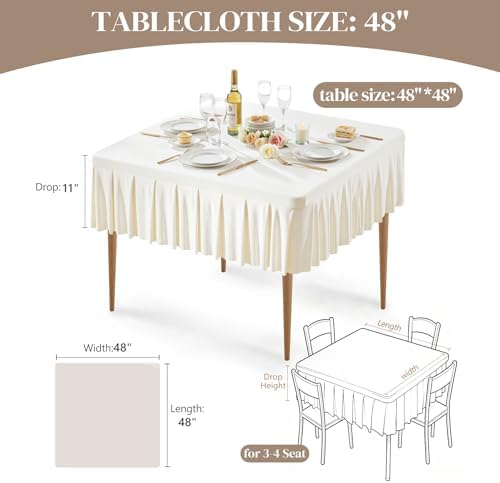 Wish Care 2 Pack Ivory Spandex Tablecloths for 48x48 Inch Square Tables, Stretch Fitted Table Clothes with Pleated Ruffle Skirt for 48” Table, Wrinkle Free and Elastic, for Party Kitchen Home Dining - Image 2