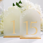 Frosted Arch Acrylic Table Numbers 1-15 with Stands - 5x7" Gold Mirror Wedding Table Numbers for Reception, Frosted Acrylic Table Signs with Holders for Banquet, Party, Anniversary, Event by Unknown