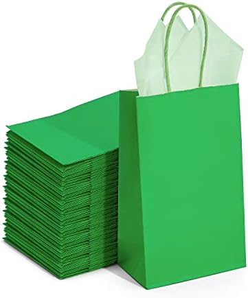 DjinnGlory 100 Pack Small-Sized Green Paper Gift Bags with Handles Bulk for Business Boutiques, Party Goodies, Holidays, Graduation, 9''x5.5''x3.15'' by GiftWrappingSupplies