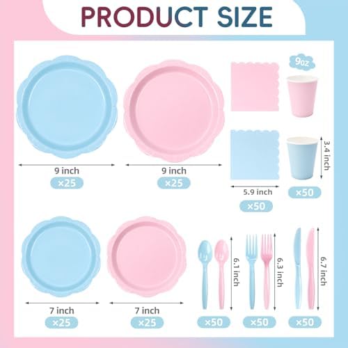350 Pcs Gender Reveal Party Supplies for 50 Guests, Pink and Blue Paper Plates and Napkins Set with Cups, Knives, Forks & Spoons, Thickened Decagonal Plates for Baby Shower Boy or Girl Celebration - Image 4