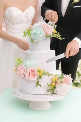 TINGE TIME 3Pcs Pre-made Cake Toppers，Silk Artificial Flowers Decor，Cake Decorations for Weddings, Birthdays, Party,Baby Shower,Celebration (Mint Green and Pink) - Image 5