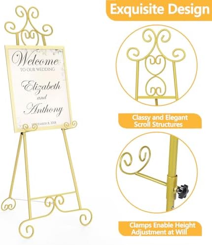 2 Pack Easel Stand for Sign, Large Adjustable Floor Easel with Chain Support, Vintage Decorative Metal Display Stand for Wedding Signs, Paintings, Artwork, Posters, Pictures, Gold - Image 3
