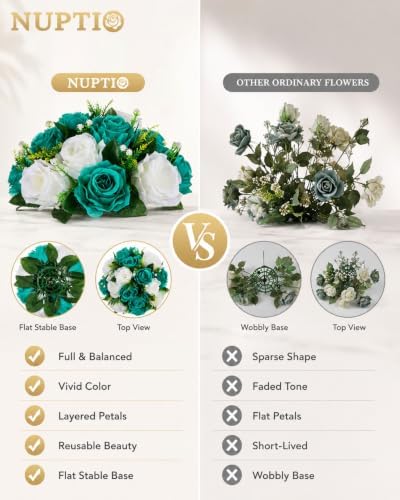 NUPTIO Flower Wedding Centrepieces for Tables - 10 Pcs 9.5in Diameter Teal & White Artificial Flowers Rose Ball for Centerpieces Table - Fake Rose Arrangements for Weddings Birthday Party Decorations - Image 4