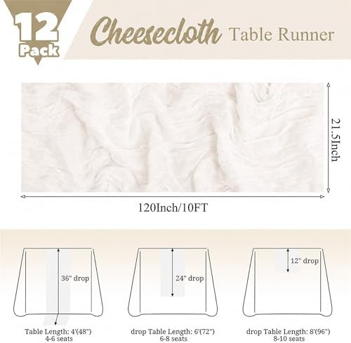 12 Pack Ivory White Table Runner 10Ft Cheesecloth Table Runner Rustic Gauze Table Runners Romantic Long Sheer Fabric Cheese Cloth Table Runners for Wedding Party Bridal Baby Shower - Image 2