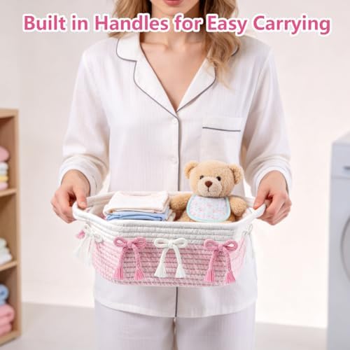 3PC Pink Bow Baskets for Gift Cute Coquette Woven Rope Storage Basket with Handle Laundry Hamper Storage Bins for Home Decor Organization Nursery Baby Shower, 11.8''x7.8''x4.7'' - Image 5