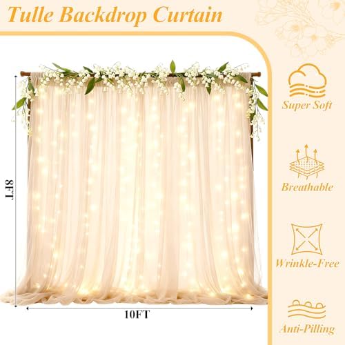 Ledido 10×8ft Beige Tulle Backdrop Curtains with Lights(6 Panels 5×8ft) - Image 2