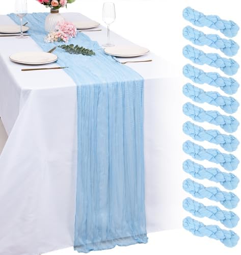 12 Pack Light Blue Cheesecloth Table Runners 21x120 Inch Boho Gauze Table Runner 10FT Long Rustic Sheer Baby Blue Table Runner for Baby Shower,Wedding,Party,Birthday,Home Table Decor by Unknown
