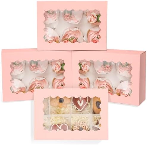 qiqee Pink Auto-pop up 6 Cupcake Boxes with Window 30 Packs Cupcake Box 9.4"x6.1"x3.3" Bakery Boxes For Cupcakes Carrier, Cupcake Containers by Qiqee