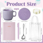 36 Pcs/6 Sets Baby Shower Prizes for Winners Include Ceramic Mugs with Spoons Woven Coasters Notebooks with Pens Clear PVC Gift Bags for Bridal Shower Party Favors(Purple) - Image 2