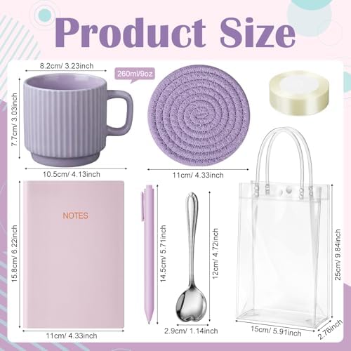 36 Pcs/6 Sets Baby Shower Prizes for Winners Include Ceramic Mugs with Spoons Woven Coasters Notebooks with Pens Clear PVC Gift Bags for Bridal Shower Party Favors(Purple) - Image 2