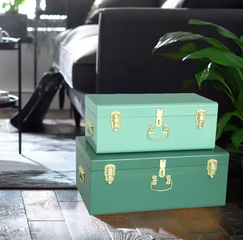 Vixdonos Decorative Large Metal Box Storage Trunk Chest Set of 2 College Dorm Organizer with Hardware Hasps and Handle for Home Deocr,23.7X14.2X9.5 Inches - Image 6