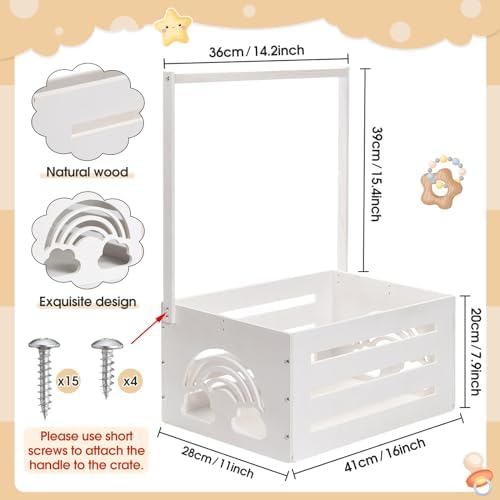 Yerliker Wooden Baby Shower Crate Closet Baby Shower Gifts Basket Storage Crate Hamper with Handle Personalized Basket for Newborn Boys Girls Pregnancy Gifts(White,Cloudy, Rainbow) - Image 2