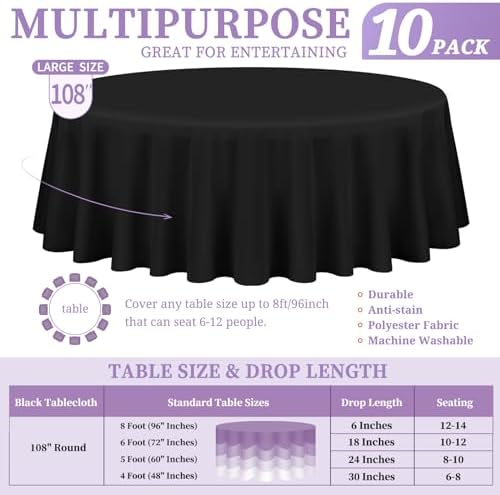 Showgeous 108 Inch Black Round Tablecloths, Polyester Table Covers - Image 2