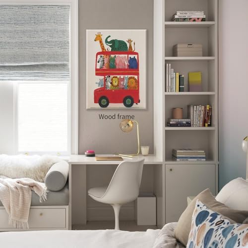 Wrapped Framed Cute Colorful Animal Canvas Wall Art Modern Funny Kids Posters Safari Animals On Red Bus Scene Prints For Toddler Bedroom Nursery Wall Decor 16x24 inch - Image 6