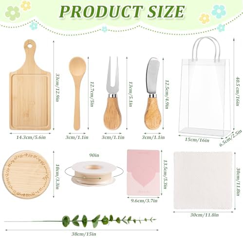 61 Pcs Baby Shower Prizes for Game Winners 6 Sets Bamboo Cheese Board Kit with Spoon Fork Butter Spreaders Plaid Towel Thank You Card for Guests, Housewarming Adult Party Favors (Yellow) - Image 2