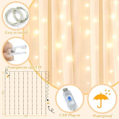 Ledido 10×8ft Champagne Tulle Backdrop Curtains with Lights(4 Panels 5×8ft) - Image 3