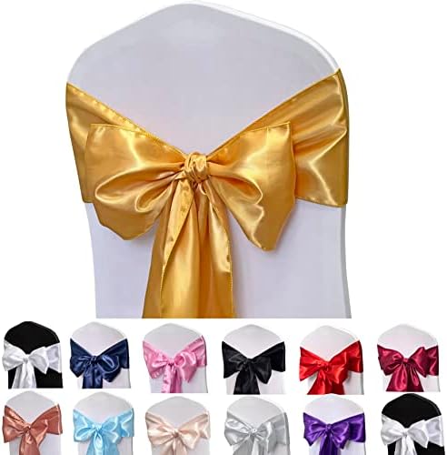 Gold Satin Chair Sashes Bows for Chair,7x108inchs,50pcs by Maiangel