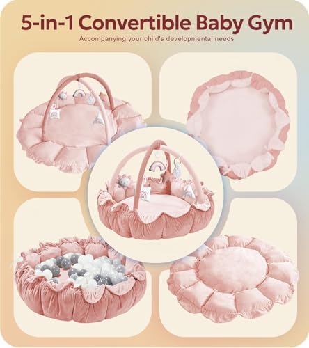 Mallify 5-in-1 Thick Plush Baby Play Gym Mat, Tummy Time Mat with 6 Sensory Toys, Baby Play Mat, Convertible Baby Gym for Stage-Based Development from Babies to Toddlers, Baby Essentials Gift, Pink - Image 2