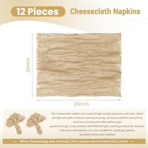 Cloth Napkins Set of 12 Beige Napkins 20x20inch Cheesecloth Napkin Rustic Boho Gauze Washable Dinner Napkin Cloth Bulk for Wedding Party Bridal Baby Shower Thanksgiving Table Decor - Image 2