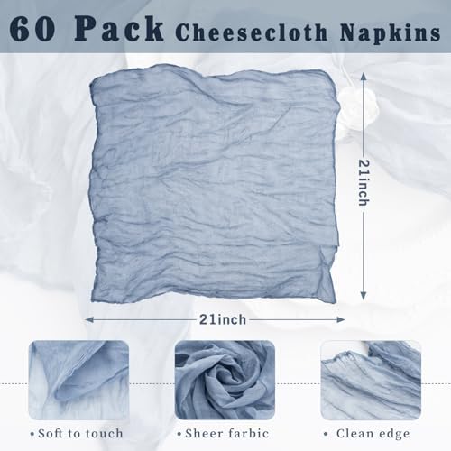 60 Pack Dusty Blue Cheesecloth Napkins Washable 21x21 Inches Dusty Blue Cloth Napkins Set of 60 Bridal Baby Shower Dinner Table Napkins for Wedding Rustic Boho Cotton Gauze Summer Party Table Decor - Image 3