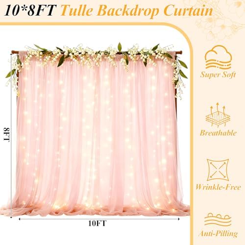 Ledido 10×8ft Pink Tulle Backdrop Curtains with Lights(6 Panels 5×8ft) - Image 2