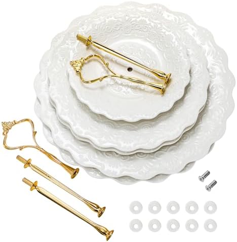 SOUJOY Set of 2 Porcelain Tiered Cupcake Stand, White Embossed Dessert Stand with Gold Rod, 3 Tiers and 2 Tiers Serving Trays for Tea Party Wedding Baby Shower Home Birthday - Image 5