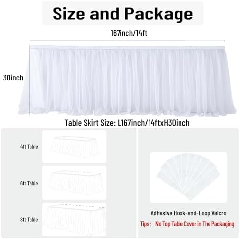167in White Tulle Table Skirts for Rectangle Tables 6ft 8ft, 2-Layer Gold Grim Ruffle Tulle Tutu Cloth Table Skirt 14ft Long for Wedding Birthday Party Baby Shower Cake Dessert Tables(No Table Cover) - Image 5