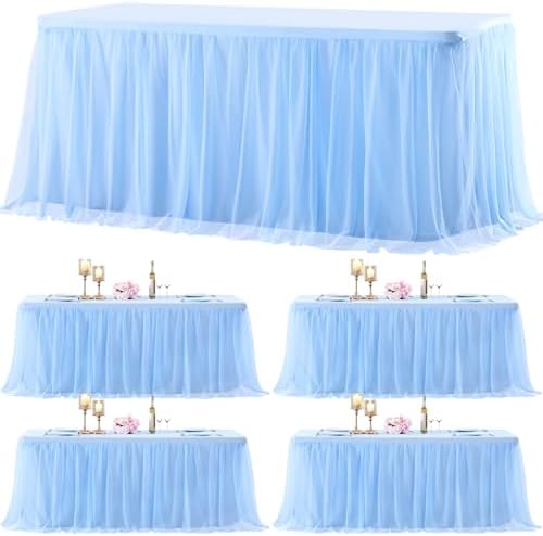 4 Pack Baby Blue Table Cloth for 6 Foot Rectangle Tables, Stretch Fitted Tulle Table Covers Skirt, Rectangular Ruffle Tutu Tablecloth Wedding Baby Shower Baby Shower Cake Tablecloths by Tao-GePartyDecorations
