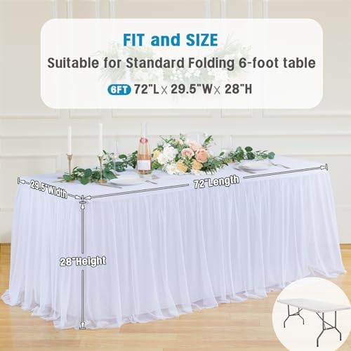 2 Pack 6ft White Table Cloths Rectangle Tulle Tablecloth Fitted White Tablecloths for 6 foot Rectangle Tables Stretch Spandex Table Cover for Parties Wedding Birthday Events Banquet Desk Table Skirt - Image 5