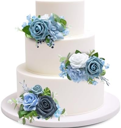 Marriwise 3Pcs Pre-Made Cake Flowers,Light Blue Wedding Cake Decor,Party by Marriwise
