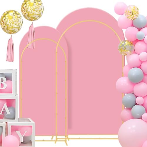 Gawicpy Wedding Arch Backdrop Stand Set Metal Arch Backdrop Stand with Wedding Arch Cover, Wedding Balloon Arch Backdrop Stand for Birthday, Baby Shower, Anniversary (Pink, 5.9FT+7.2FT) by Gawicpy